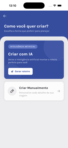 Tela de criação de viagem com IA no RoteirAí