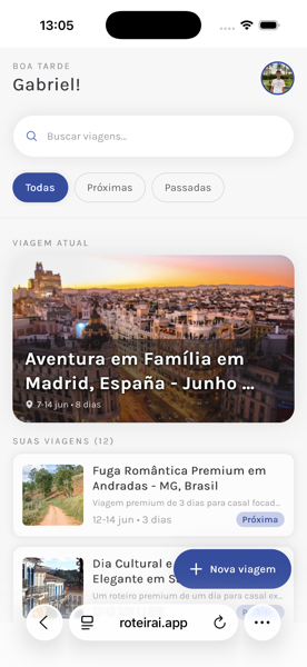 Tela inicial do RoteirAí com lista de viagens