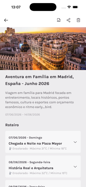Roteiro completo gerado por IA com itinerário dia a dia