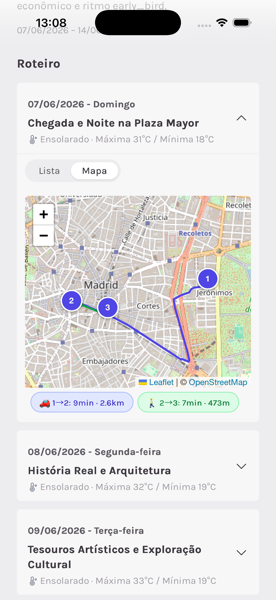 Mapa interativo com pins das paradas do roteiro